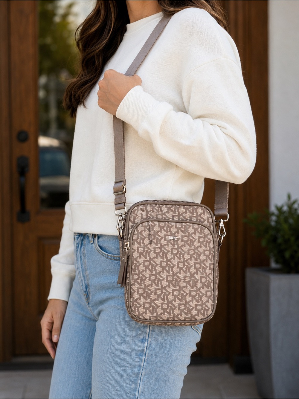 DKNY Logo Jacquard Crossbody Messenger Bag Taupe Beige Adjustable Strap